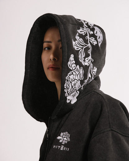 Peonies | Zip Hoodie | Stonewashed Black x White