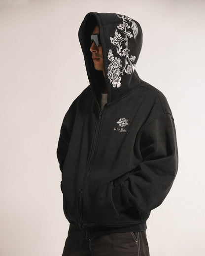 Peonies | Zip Hoodie | Stonewashed Black x White