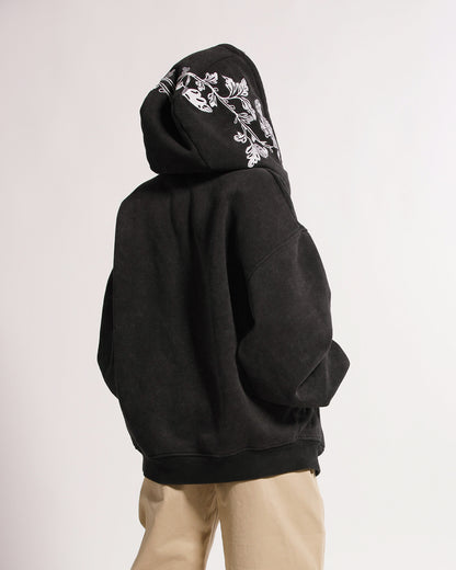 Peonies | Zip Hoodie | Stonewashed Black x White