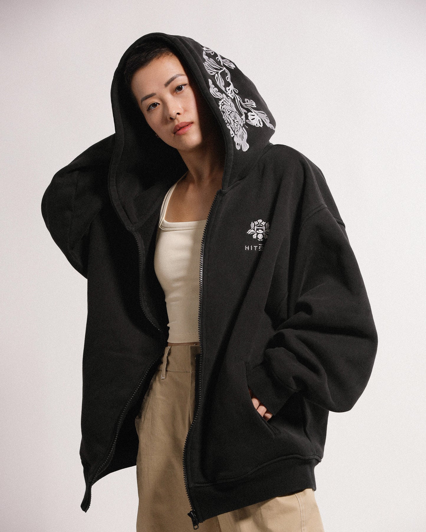Peonies | Zip Hoodie | Stonewashed Black x White