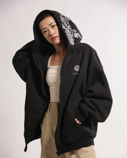Peonies | Zip Hoodie | Stonewashed Black x White