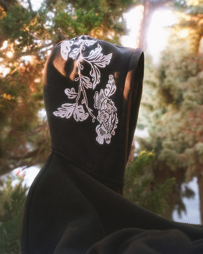 Peonies | Zip Hoodie | Stonewashed Black x White