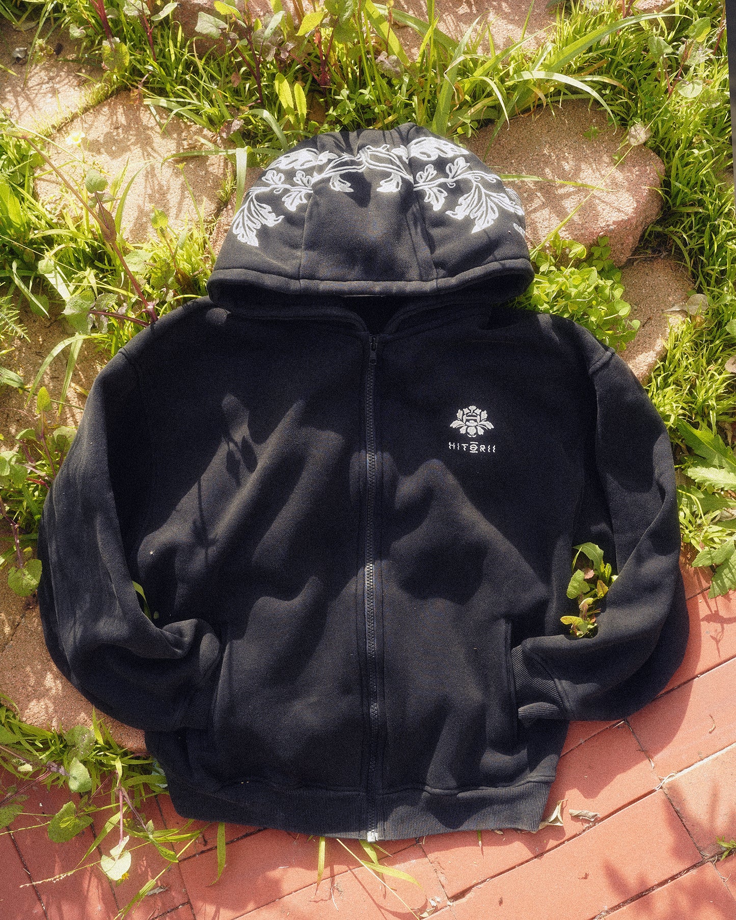 Peonies | Zip Hoodie | Stonewashed Black x White