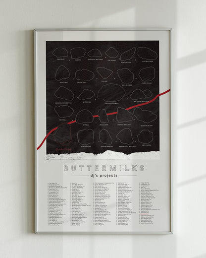 A black color, customized rock climbing ticklist poster for the Buttermilks rock climbing location in Bishop, California. The design has an overlay of crag topography, nature landscapes, and traced boulders, the person's name, and a list of bouldering problems at the bottom. Displayed as wall art in a living room.