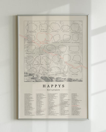 A cream color, customized rock climbing ticklist poster for the Happys rock climbing location in Bishop, California. The design has an overlay of crag topography, nature landscapes, and traced boulders, the person's name, and a list of bouldering problems at the bottom. Displayed as wall art in a living room.