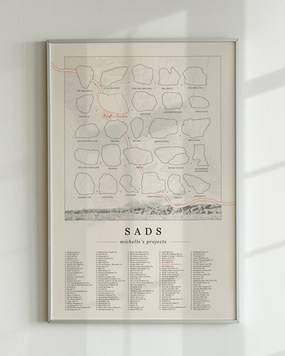 A cream color, customized rock climbing ticklist poster for the Sads rock climbing location in Bishop, California. The design has an overlay of crag topography, nature landscapes, and traced boulders, the person's name, and a list of bouldering problems at the bottom. Displayed as wall art in a living room.